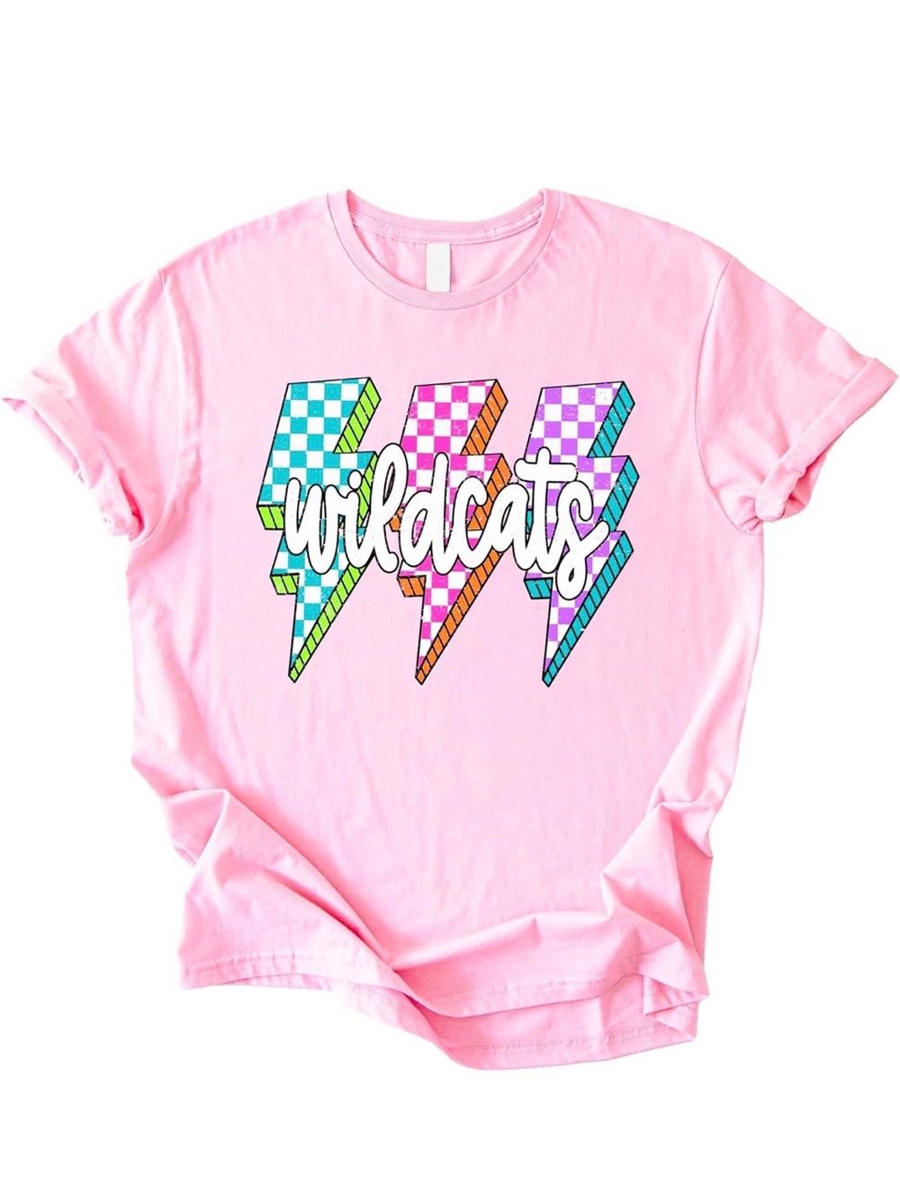 Pink Wildcats Graphic Tee with Multicolor Lightning Bolts